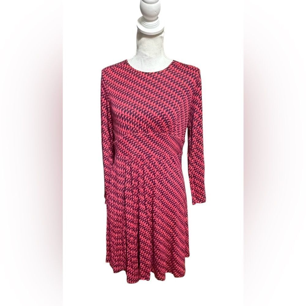 Boden‎ Thea midi dress red/blue pattern. Size 10P. Long sleeve/contrast waist
